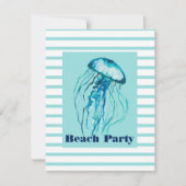 ターコイズストライプ 水彩クラゲ ビーチパーティー 招待状 (正面)