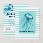 ターコイズストライプ 水彩クラゲ ビーチパーティー 招待状 (正面/裏面)