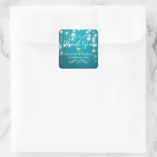 ターコイズストリングライト結婚式の引き出物ありがとう スクエアシール (バッグ)
