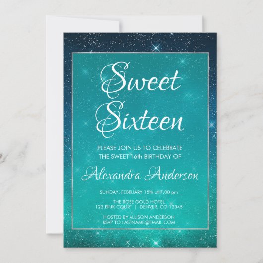 ターコイズスパークルスカイスウィート16誕生日招待状 招待状 (正面)