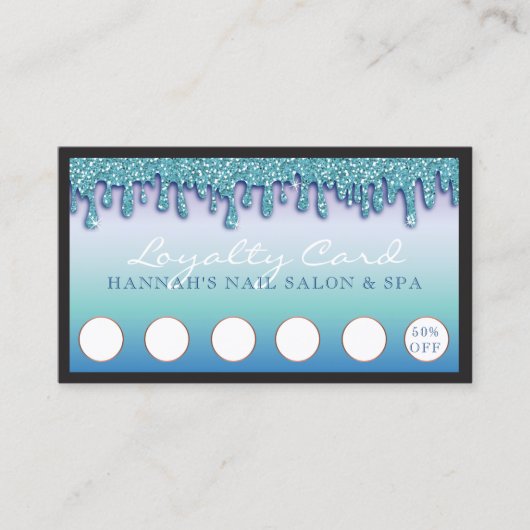 ターコイズスパークルネイルサロングリッターロイヤリティカード 名刺 (正面)