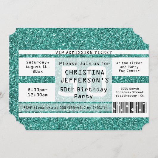 ターコイズスパークル50thバースデーパーティーチケット 招待状 (正面/裏面)