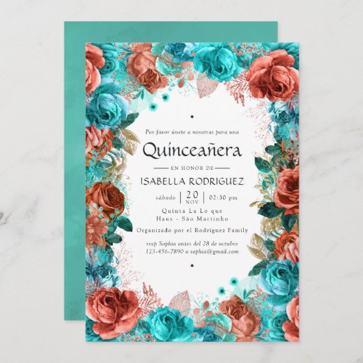 ターコイズスペインのアンドコーラルフローラクインセアニラ 招待状 (正面/裏面)