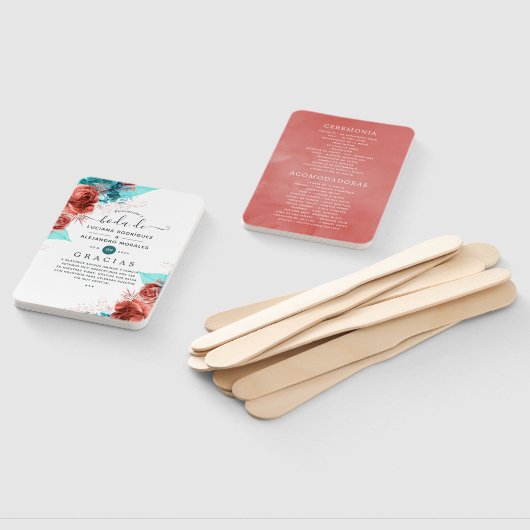 ターコイズスペインのアンドコーラルフローラ結婚式 プログラム ハンドファン (組立なし)