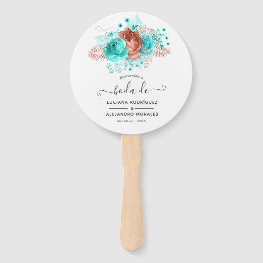 ターコイズスペインのアンドコーラル熱帯結婚式の引き出物 ハンドファン (正面)