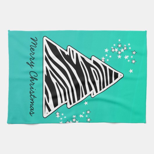ターコイズゼブラのクリスマスツリー キッチンタオル (横)
