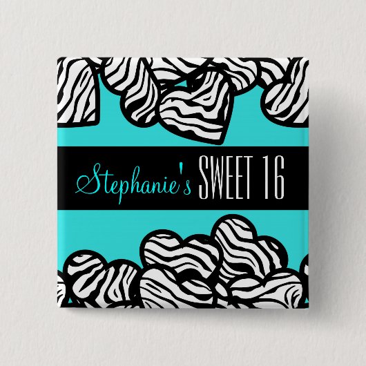 ターコイズゼブラハートスウィート16誕生日ボタン 缶バッジ (正面)