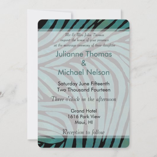 ターコイズゼブラ柄のウェディング 招待状 (正面)