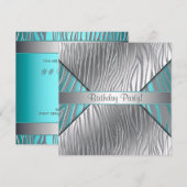 ターコイズゼブラ 誕生日招待状テンプレート（人数自由） 招待状 (正面/裏面)