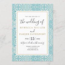 ターコイズタイルと金ゴールド結婚式招待状