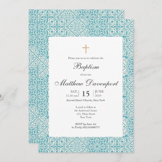 ターコイズタイル付きのバプテスマの招待トレンディーです。 招待状 (正面/裏面)