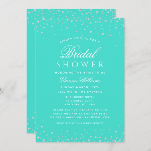 ターコイズダイヤモダンズラグジュアリーブライダルシャワー 招待状 (正面/裏面)