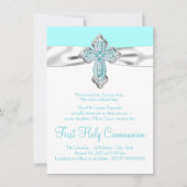 ターコイズダイヤモンドクロス女の子ターコイズブルー初聖体拝領 招待状 (正面)