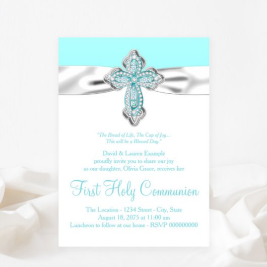 ターコイズダイヤモンドクロス女の子ターコイズブルー初聖体拝領 招待状