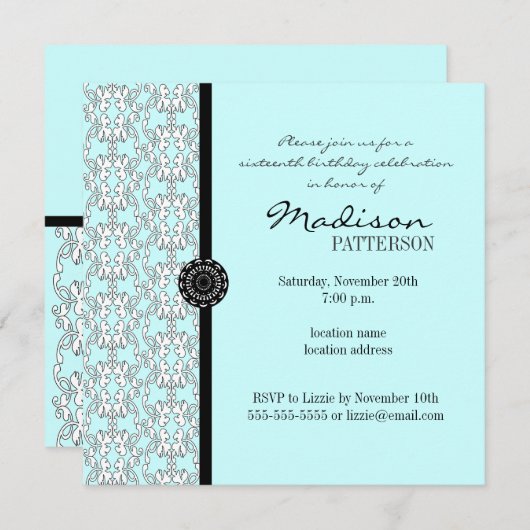 ターコイズダマスクバロックスウィート16パーティの招待状 招待状 (正面/裏面)
