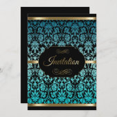 ターコイズダマスクパーティーお祝い | DIY文字 招待状 (正面/裏面)