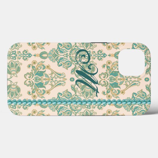ターコイズダマスクモノグラムフェイク、真珠iPhone 13 Case-Mate iPhoneケース (裏面 (横))