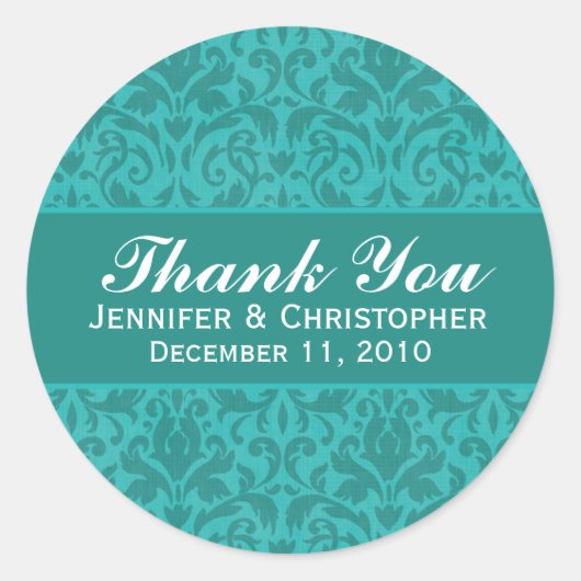 ターコイズダマスクラウンドウェディングラベル ラウンドシール (正面)