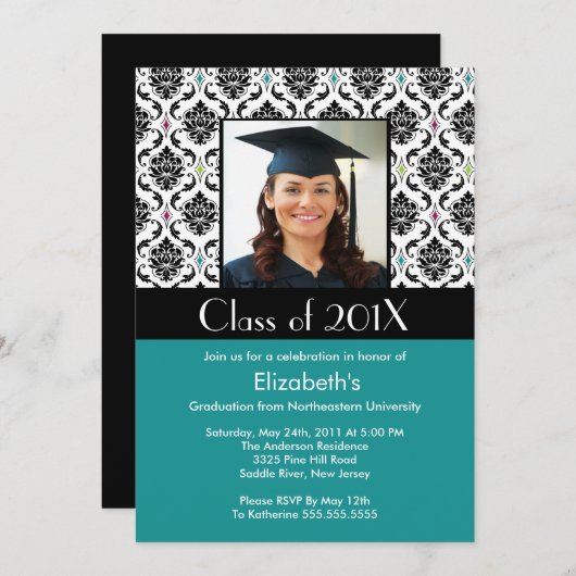 ターコイズダマスク卒業招待状写真 招待状 (正面/裏面)