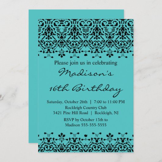 ターコイズダマスクSweet sixteen誕生日招待状 招待状 (正面/裏面)