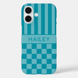 ターコイズチェックストライプ オーダーメイド iPhone 16ケース
