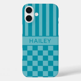 ターコイズチェックストライプ オーダーメイド iPhone 16 PLUSケース