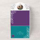 ターコイズティール(緑がかった色)とパープル結婚ズ オールインワン招待状 (外側)