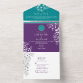 ターコイズティール(緑がかった色)とパープル結婚ズ オールインワン招待状 (内側)