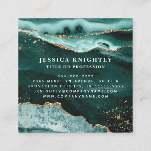 ターコイズティール(緑がかった色)アガート金ゴールドグリッタースクリプトモノグラム スクエア名刺 (裏面)