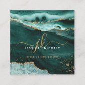 ターコイズティール(緑がかった色)アガート金ゴールドグリッタースクリプトモノグラム スクエア名刺 (正面)