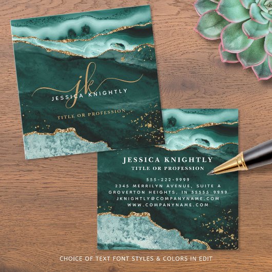 ターコイズティール(緑がかった色)アガート金ゴールドグリッタースクリプトモノグラム スクエア名刺