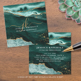 ターコイズティール（緑がかった色）アガート金ゴールドグリッタースクリプトモノグラム スクエア名刺