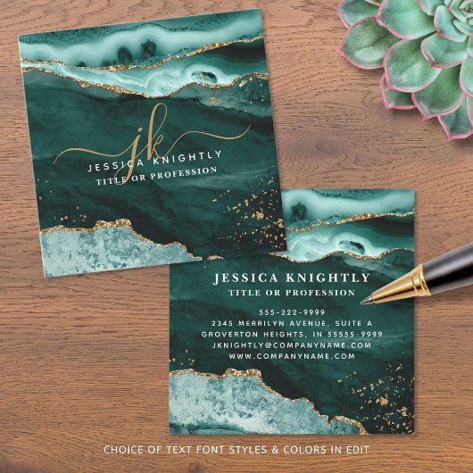 ターコイズティール（緑がかった色）アガート金ゴールドグリッタースクリプトモノグラム スクエア名刺