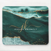 ターコイズティール（緑がかった色）アガート金ゴールドグリッタースクリプトモノグラム マウスパッド (正面)