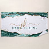 ターコイズティール(緑がかった色)アガート金ゴールドグリッターモノグラムスクリプト ビーチタオル (正面)