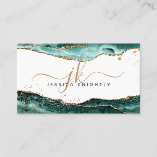 ターコイズティール（緑がかった色）アガート金ゴールドグリッターモノグラムスクリプト 名刺 (正面)