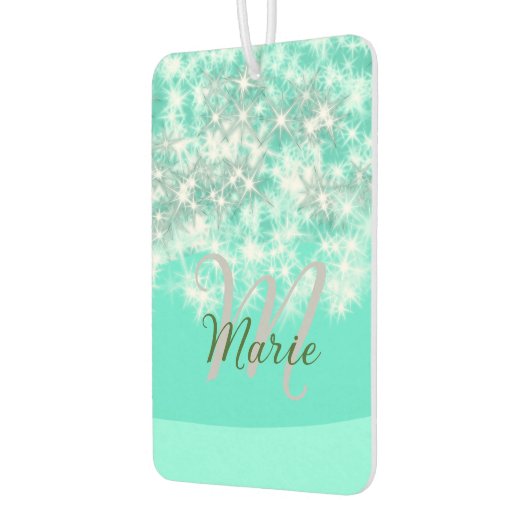 ターコイズティール（緑がかった色）アゲートアクアモノグラム追加文字 カーエアーフレッシュナー (左)