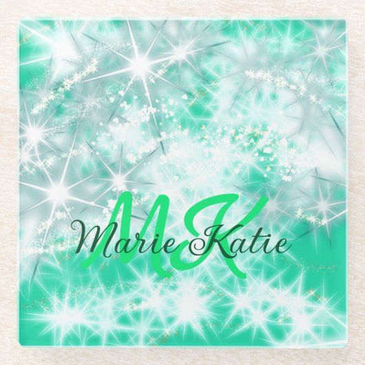 ターコイズティール（緑がかった色）アゲートアクアモノグラム追加文字 ガラスコースター (正面)