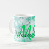 ターコイズティール(緑がかった色)アゲートアクアモノグラム追加文字 コーヒーマグカップ (正面左)