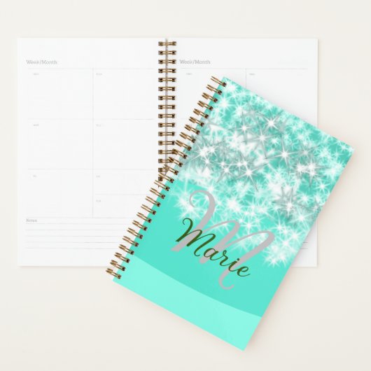 ターコイズティール（緑がかった色）アゲートアクアモノグラム追加文字 プランナー手帳 (ディスプレー)