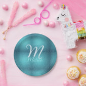 ターコイズティール（緑がかった色）アゲートアクアモノグラム追加文字 ペーパープレート (パーティー)