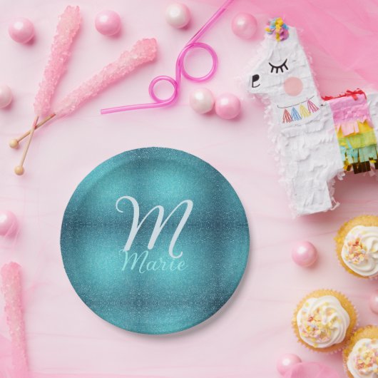 ターコイズティール（緑がかった色）アゲートアクアモノグラム追加文字 ペーパープレート (パーティー)