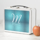 ターコイズティール（緑がかった色）アゲートアクアモノグラム追加文字 メタルランチボックス (インサイチュ)