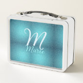 ターコイズティール（緑がかった色）アゲートアクアモノグラム追加文字 メタルランチボックス (裏面)