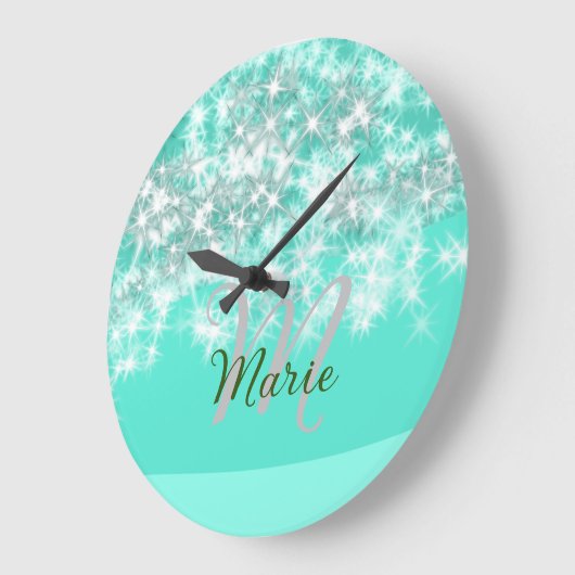 ターコイズティール(緑がかった色)アゲートアクアモノグラム追加文字 ラージ壁時計 (傾斜)