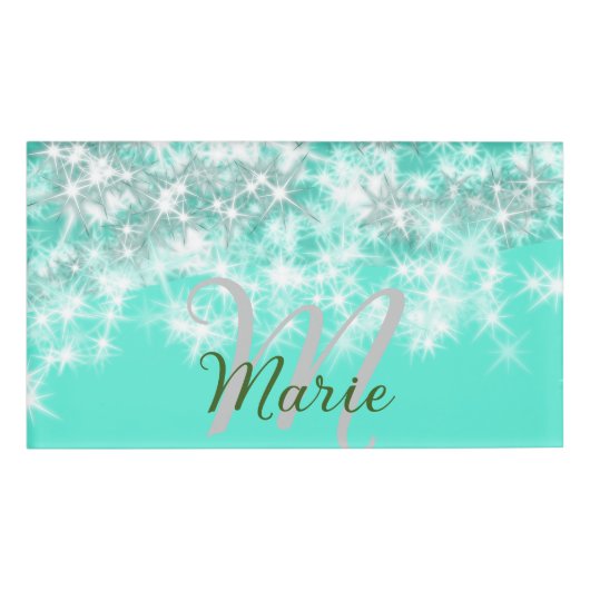 ターコイズティール（緑がかった色）アゲートアクアモノグラム追加文字 名札 (正面)