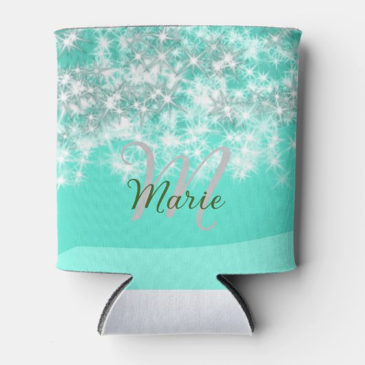 ターコイズティール（緑がかった色）アゲートアクアモノグラム追加文字 缶クーラー (正面)