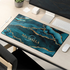 ターコイズティール（緑がかった色）アゲートゲード金ゴールドグリッターモノグラム デスクマット
