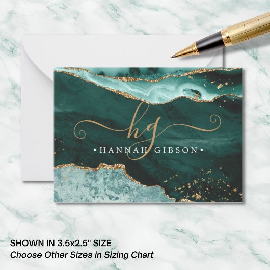 ターコイズティール（緑がかった色）アゲートモノグラムスクリプト金ゴールドグリッター ノートカード