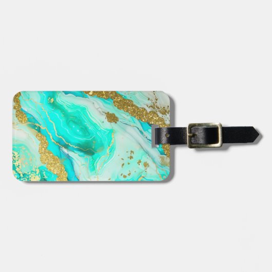 ターコイズティール(緑がかった色)アルコールインクフェイク金ゴールドカスタム ラゲッジタグ (正面横)